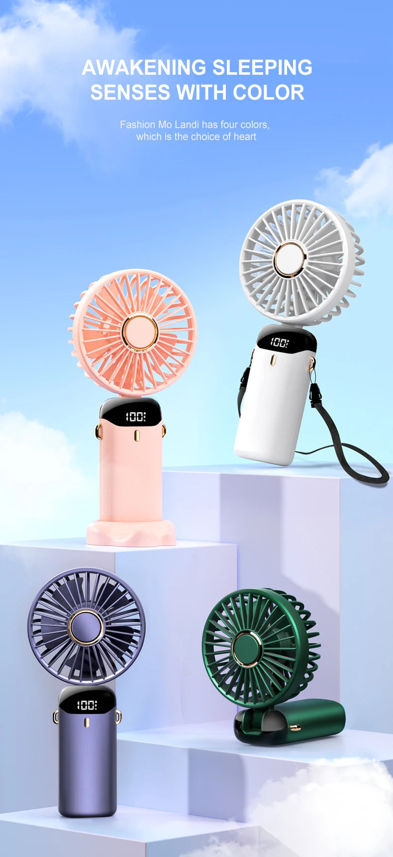 Mini ventilateur portable USB pliable et portable, à suspendre au cou, rechargeable par USB à 5 vitesses, avec support pour téléphone et écran d'affichage