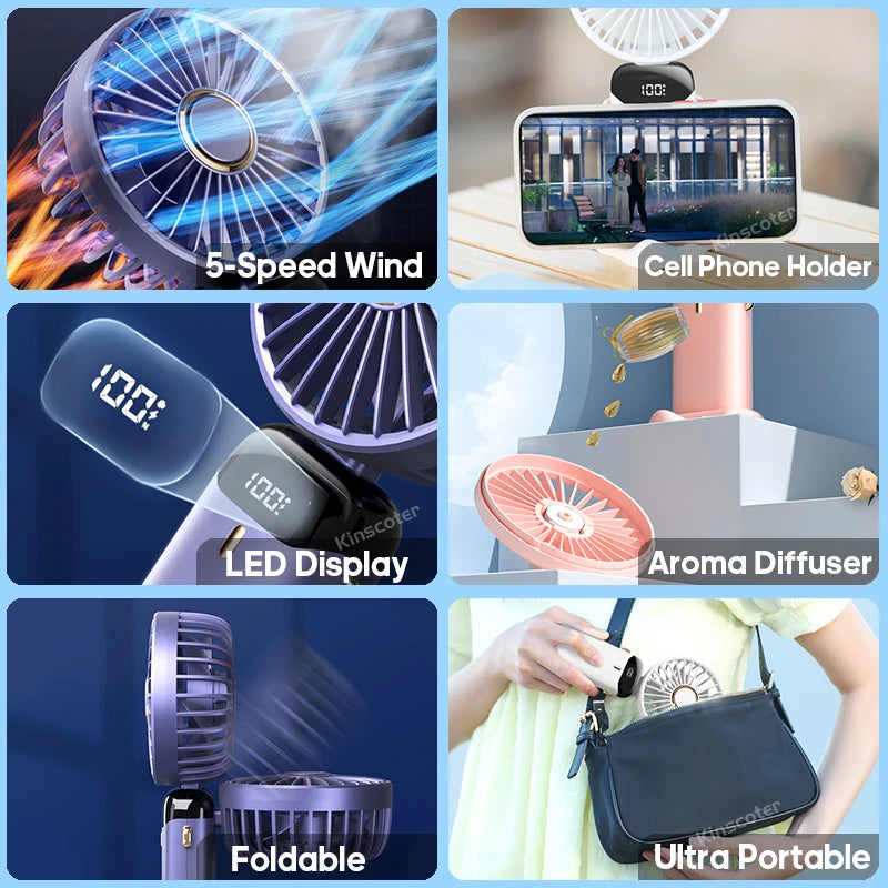 Mini ventilateur portable USB pliable et portable, à suspendre au cou, rechargeable par USB à 5 vitesses, avec support pour téléphone et écran d'affichage