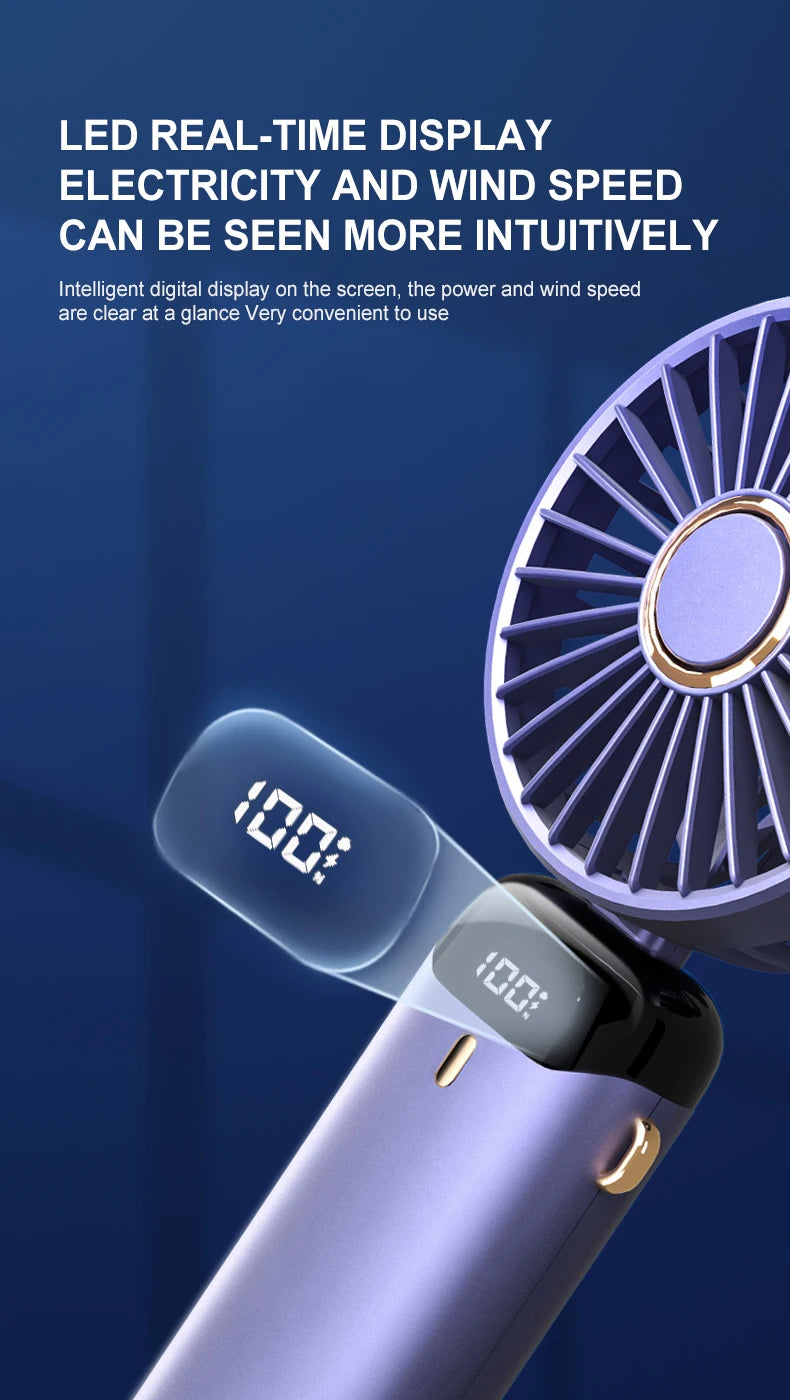 Mini ventilateur portable USB pliable et portable, à suspendre au cou, rechargeable par USB à 5 vitesses, avec support pour téléphone et écran d'affichage