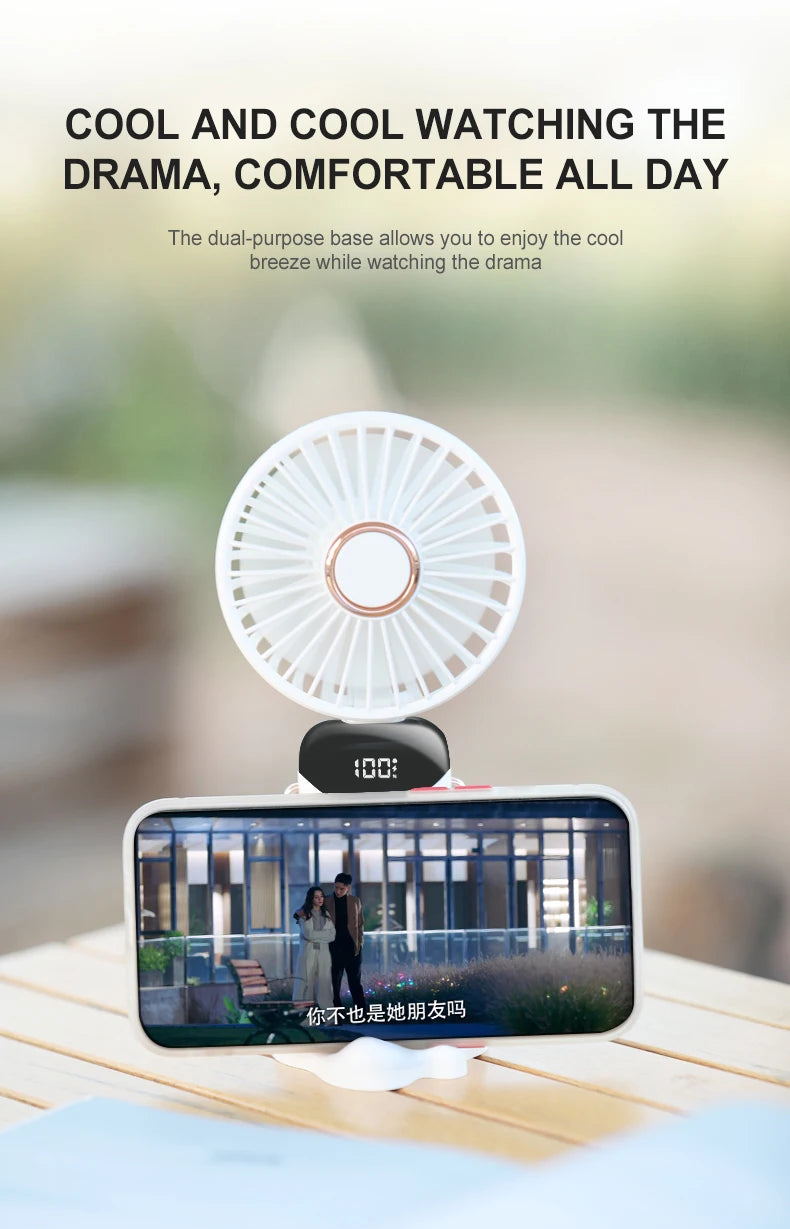 Mini ventilateur portable USB pliable et portable, à suspendre au cou, rechargeable par USB à 5 vitesses, avec support pour téléphone et écran d'affichage