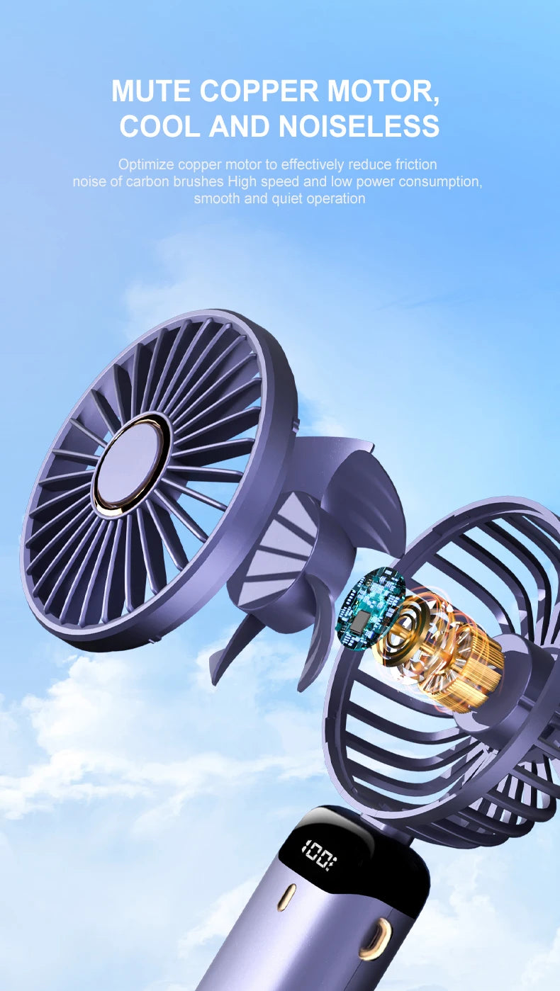 Mini ventilateur portable USB pliable et portable, à suspendre au cou, rechargeable par USB à 5 vitesses, avec support pour téléphone et écran d'affichage