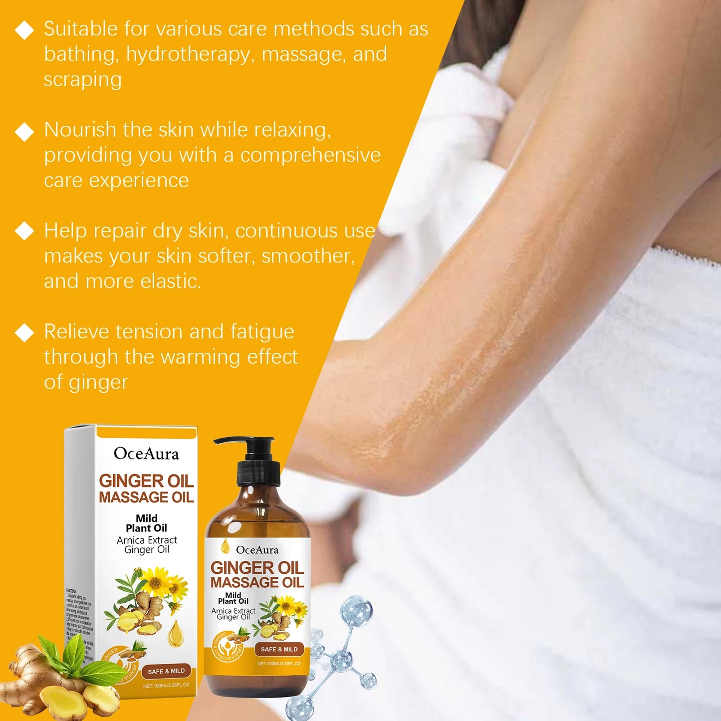 Huile essentielle relaxante pour le corps huile de massage au gingembre.