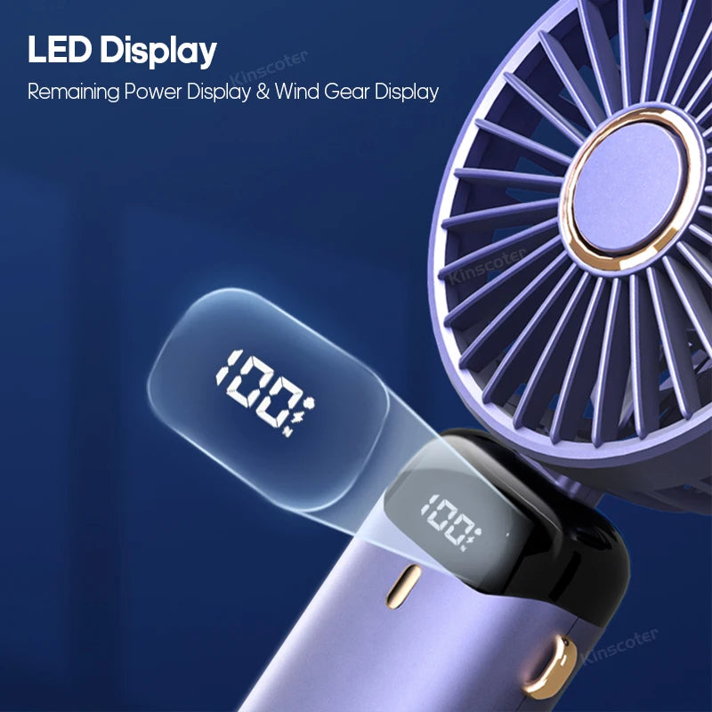 Mini ventilateur portable USB pliable et portable, à suspendre au cou, rechargeable par USB à 5 vitesses, avec support pour téléphone et écran d'affichage