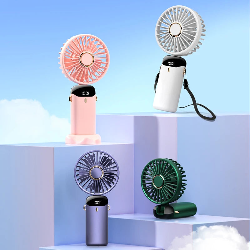 Mini ventilateur portable USB pliable et portable, à suspendre au cou, rechargeable par USB à 5 vitesses, avec support pour téléphone et écran d'affichage