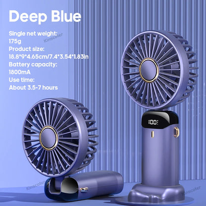 Mini ventilateur portable USB pliable et portable, à suspendre au cou, rechargeable par USB à 5 vitesses, avec support pour téléphone et écran d'affichage