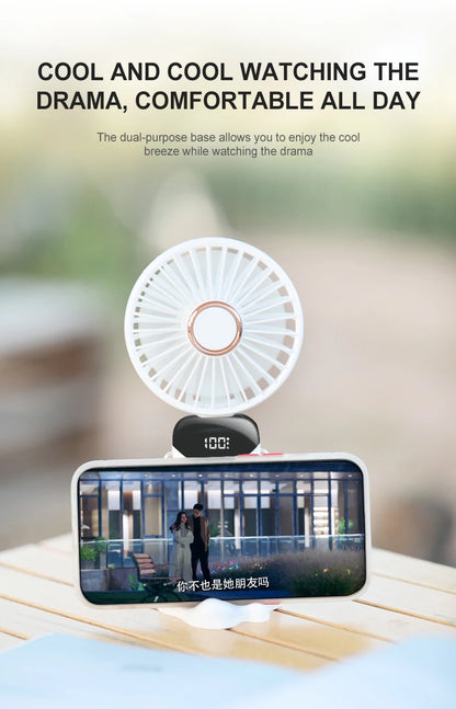 Mini ventilateur portable USB pliable et portable, à suspendre au cou, rechargeable par USB à 5 vitesses, avec support pour téléphone et écran d'affichage